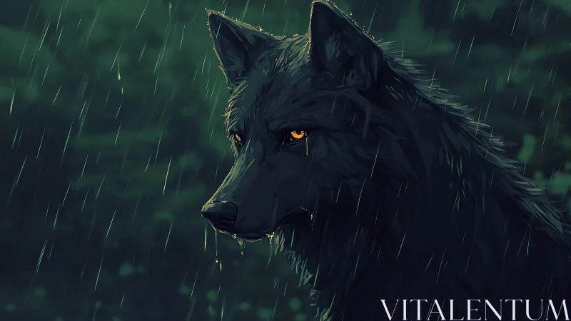 Black wolf with amber eyes standing in steady rain.