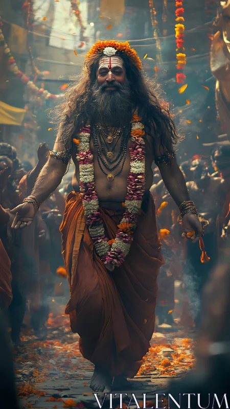 Hindu holy man walking in floral street procession scene.