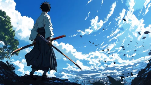Samurai figure observes distant city beneath dynamic sky