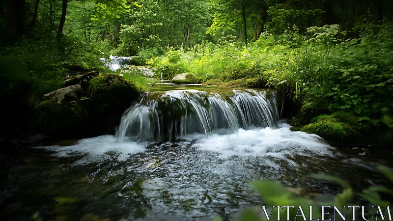 Serene woodland stream with cascading waterfall in lush greenery.
