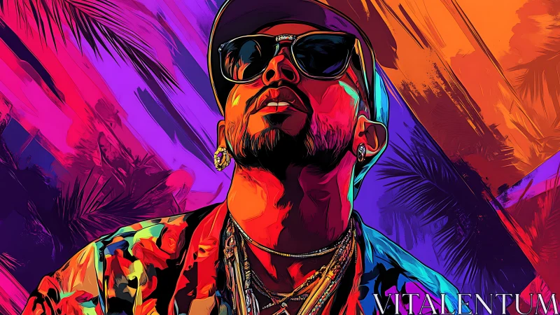 Neon-soaked portrait of a confident man in tropical night glow