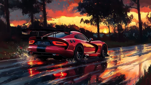 Red supercar charges along wet road under a blazing sunset