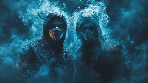 Mysterious masked duo emerges boldly through swirling blue smoke