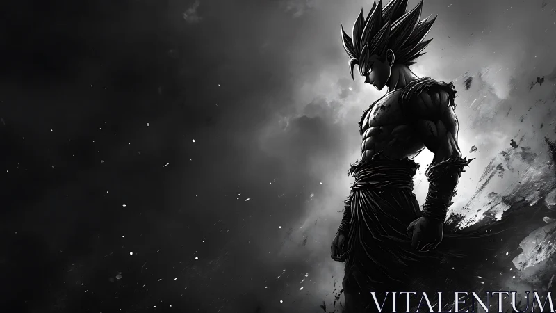 Monochrome warrior silhouette in dynamic atmospheric contrast.