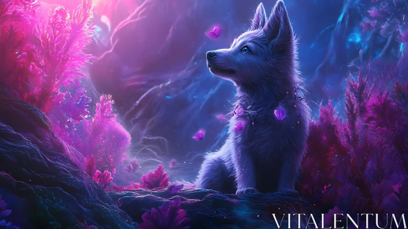 Mystical wolf pup in glowing purple blue fantasy forest.
