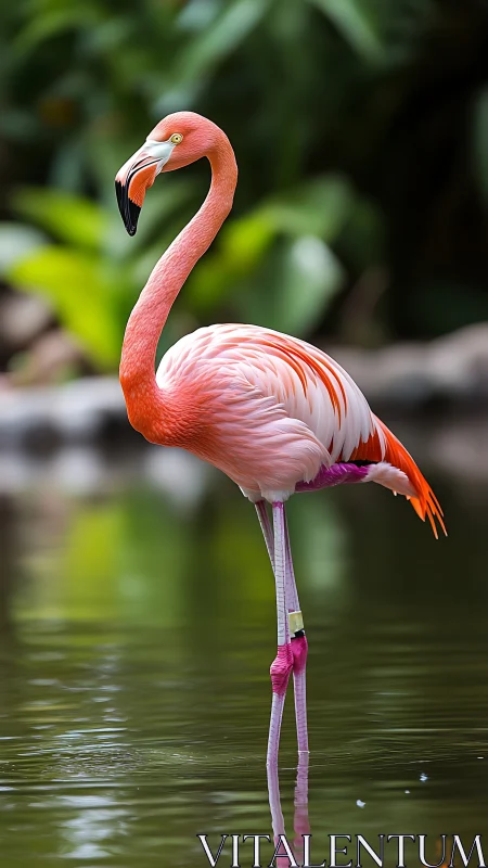 Flamingo daydreams in coral plumage above glassy water