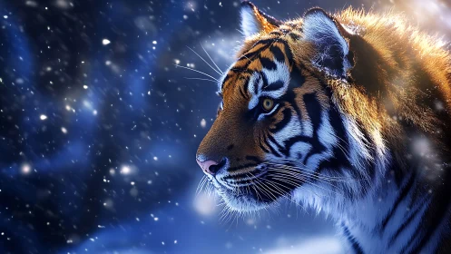 Snowlit tiger sentinel under cobalt winter starlight.