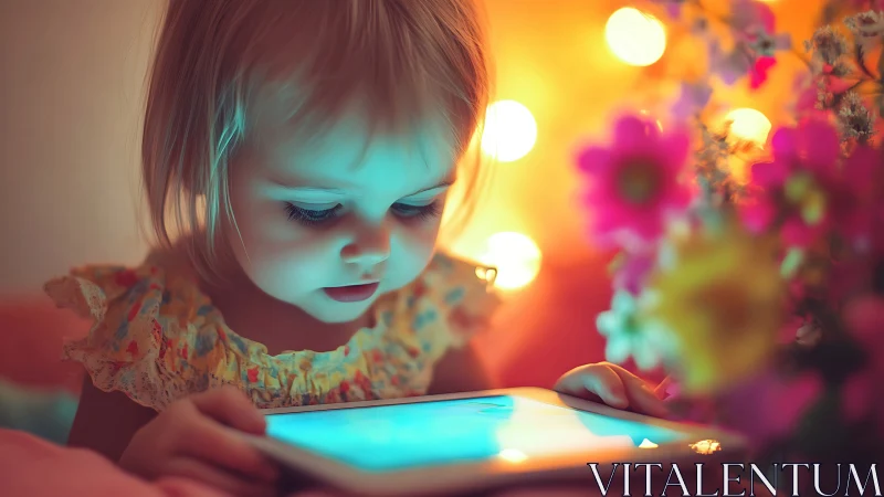 Young Child Engaged with Illuminated Mobile Device in Warm-Toned Floral Environment