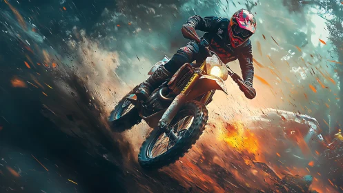 Motocross rider powers through dirt with vivid sparks.