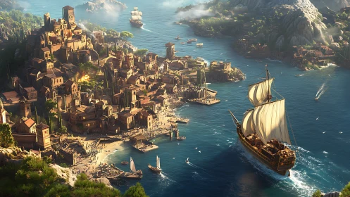 Sunlit harbor city welcomes a grand ship under bright sails