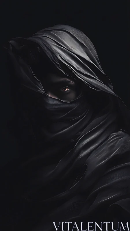 Veiled portrait isolates a single eye in dramatic low-key lighting