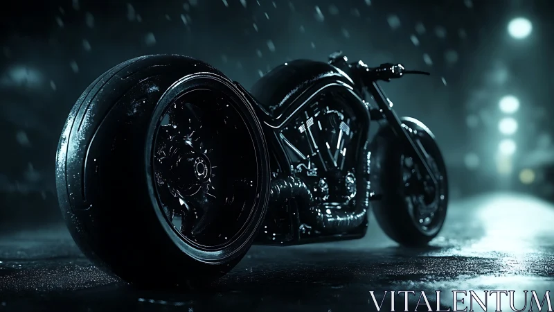 Night rain glistening on futuristic low-rider motorcycle silhouette.