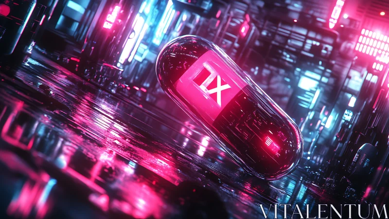 Neon pink capsule in futuristic cyberpunk lab scene.