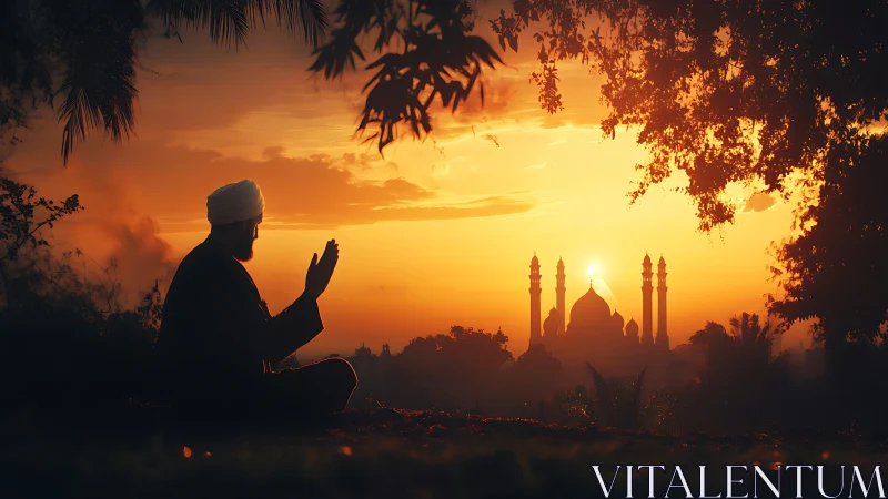 Sunset quietly crowns a praying figure before distant domes