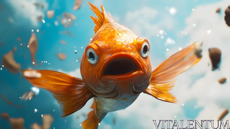Surprised Goldfish Underwater Close-Up in Vibrant Digital Art Style.