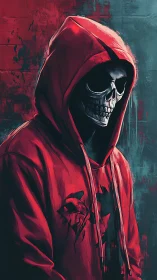 Hooded skeletal figure in red garment against textured wall.
