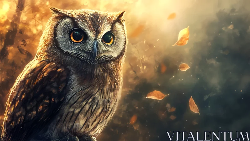 Majestic Owl in Autumn Forest, Digital Art with Warm Lighting.