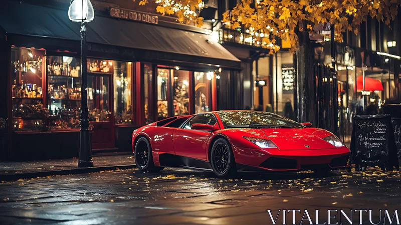 Red sports car glowing under cozy city night lights.
