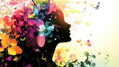 Silhouetted female profile with multicolor abstract floral burst