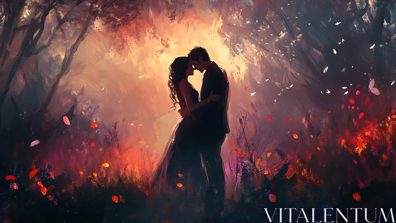 Romantic Couple Silhouette in Fiery Forest Path.