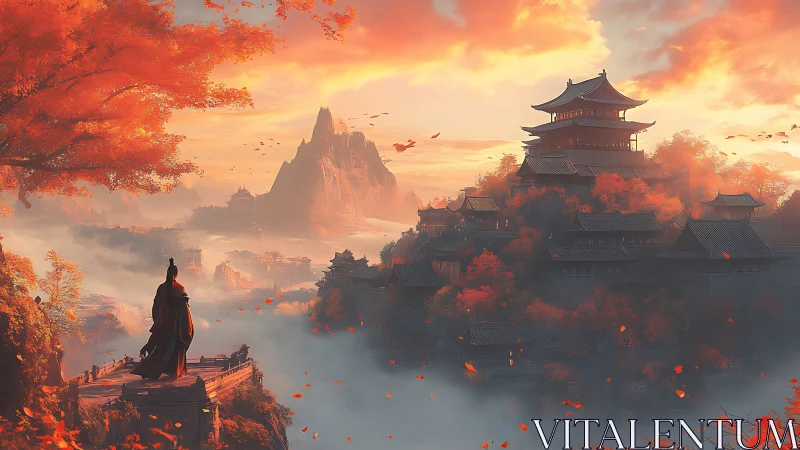 Solitary robed figure overlooks autumn mountain temple complex
