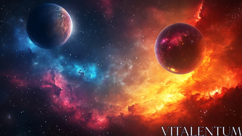 Twin planets drifting through a glowing cosmic sunrise.