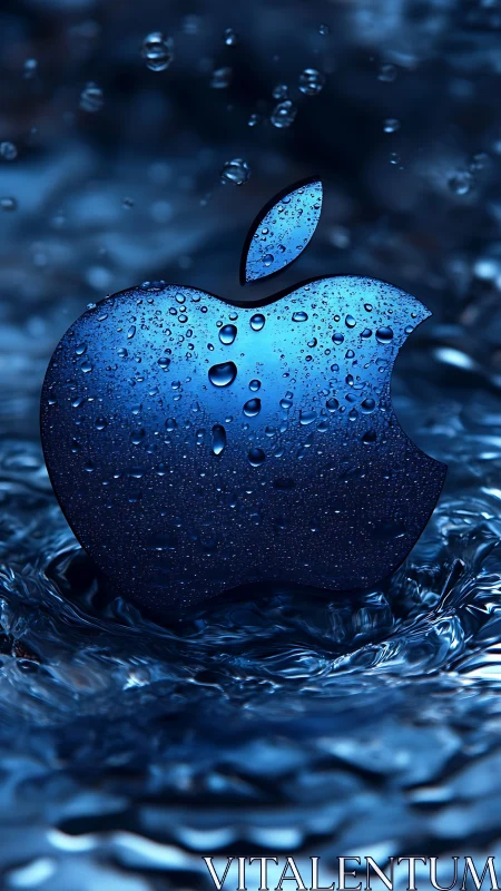 Blue metallic apple-shaped logo form with water droplets.