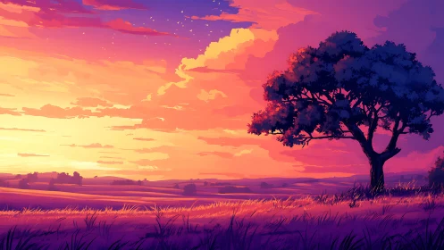 Spectral gradient sunset over solitary tree in digital fieldscape.