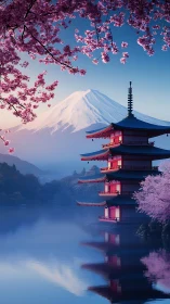 Serene pagoda by Mount Fuji under soft sakura glow.