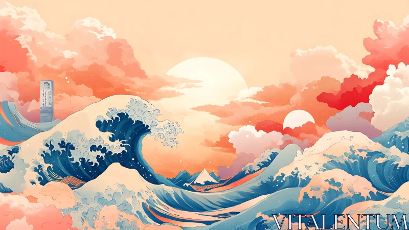 Dual-sun atmospheric seascape with stylized spectral waves.