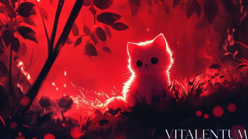 Glowing White Kitten Discovers a Red Neon Forest