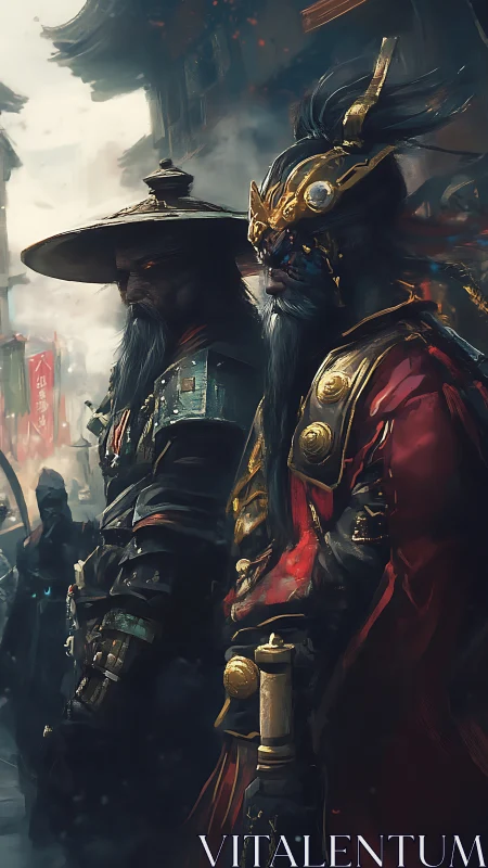 Armored warrior pair in ornate street setting at dusk.