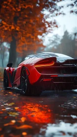 Scarlet supercar idling in rain-soaked autumn avenue glow.