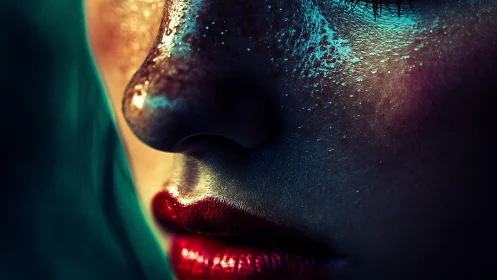 Moody close-up of glistening skin and ruby red lips.