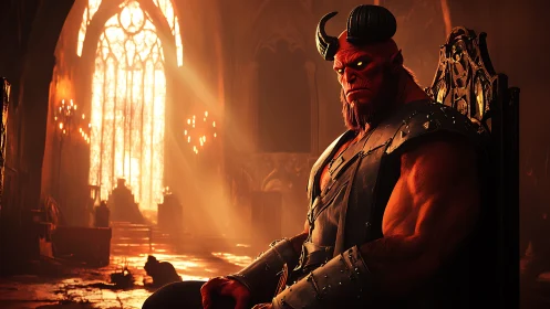 Armored horned demon king occupies throne in backlit ruined cathedral