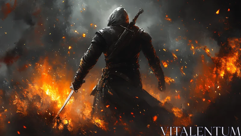 Hooded swordfighter advances through swirling battlefield fire