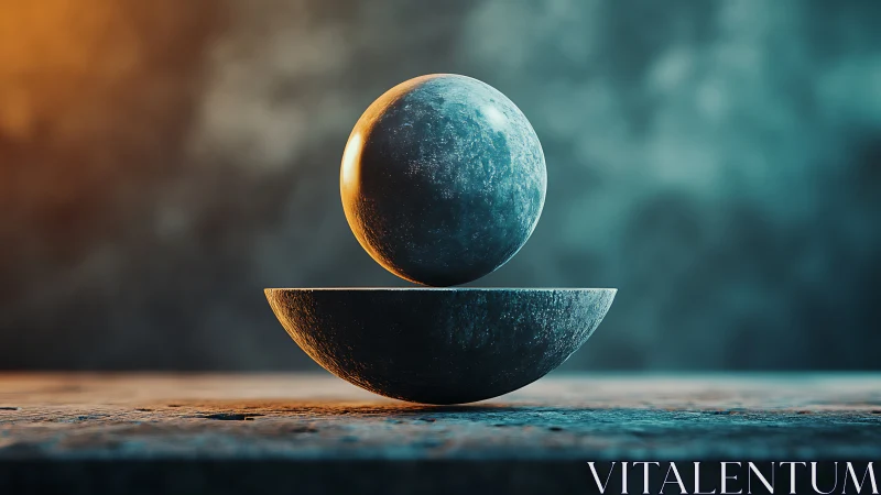 Levitating stone sphere splits geometric bowl, cinematic light.
