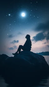 Lunar backlit silhouette on coastal rock under dense starfield.