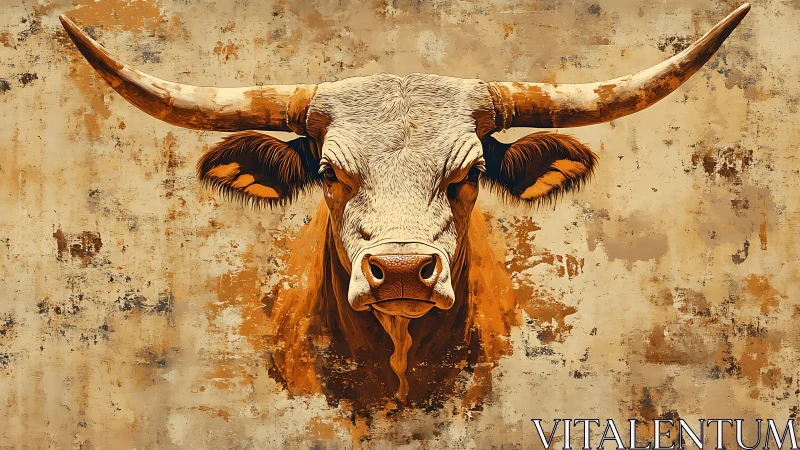 Longhorn cattle portrait on textured ochre backdrop.