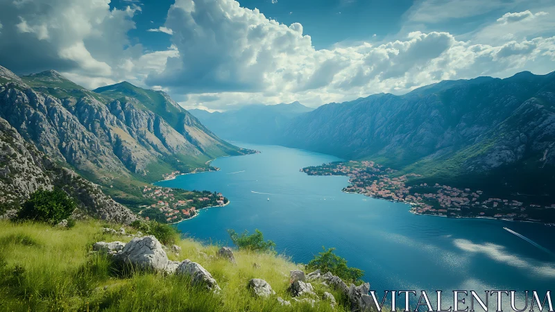 Gentle bay cradled by towering mountains and drifting clouds.