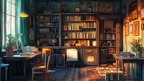 Sunlit vintage study lined with overflowing bookshelves.