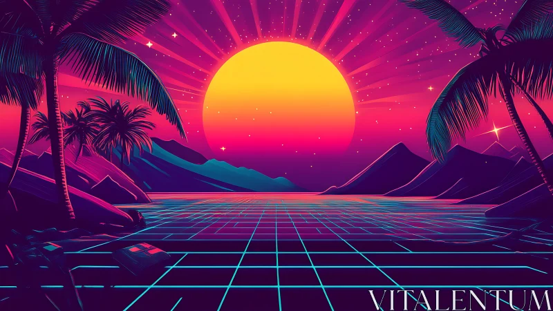 Neon vaporwave sunset over grid shoreline with palm silhouettes