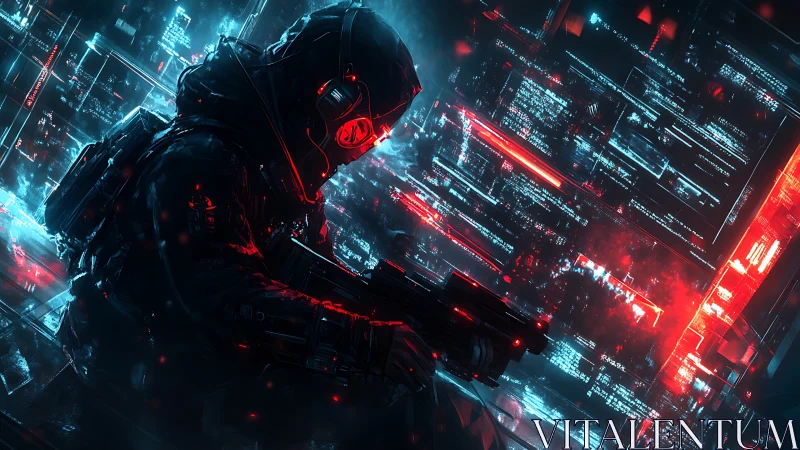 Neon-clad cyber soldier scans glowing data walls in silence.