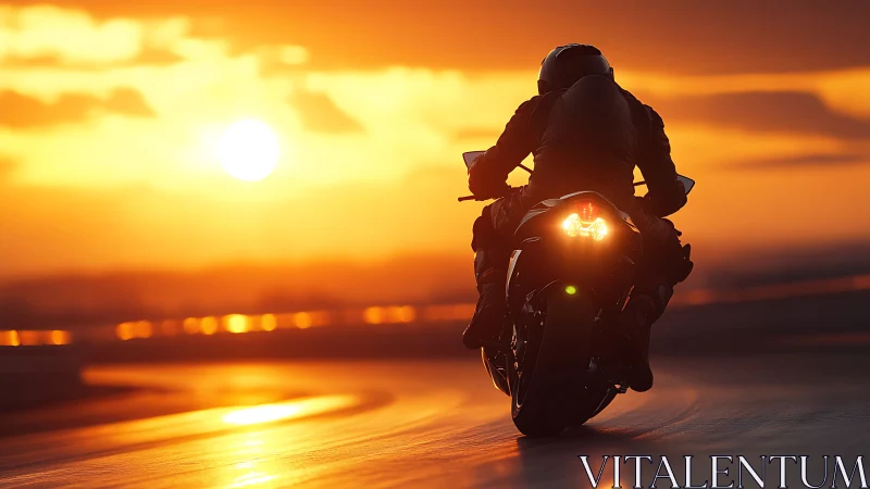 Motorcyclist rides sport bike on wet track at vivid sunset