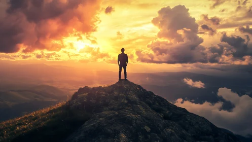 Silhouette on mountain ridge under vivid sunset sky.