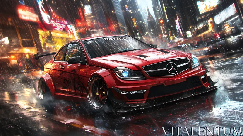 Red tuner Mercedes drifting through neon city rainstorm.