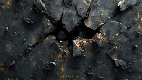 Fractured basalt surface with incipient magma glow fissures.