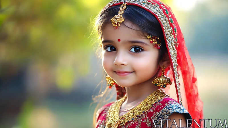 Portrait of young girl in ornate red traditional attire