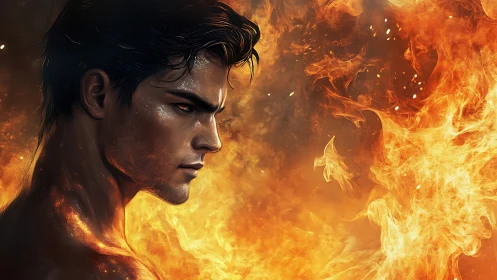 Fiery male portrait in dynamic orange inferno lighting.