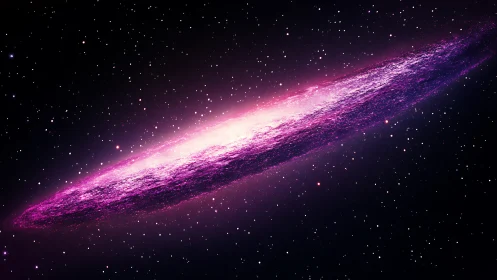 Edge-on magenta spiral galaxy with luminous stellar core.